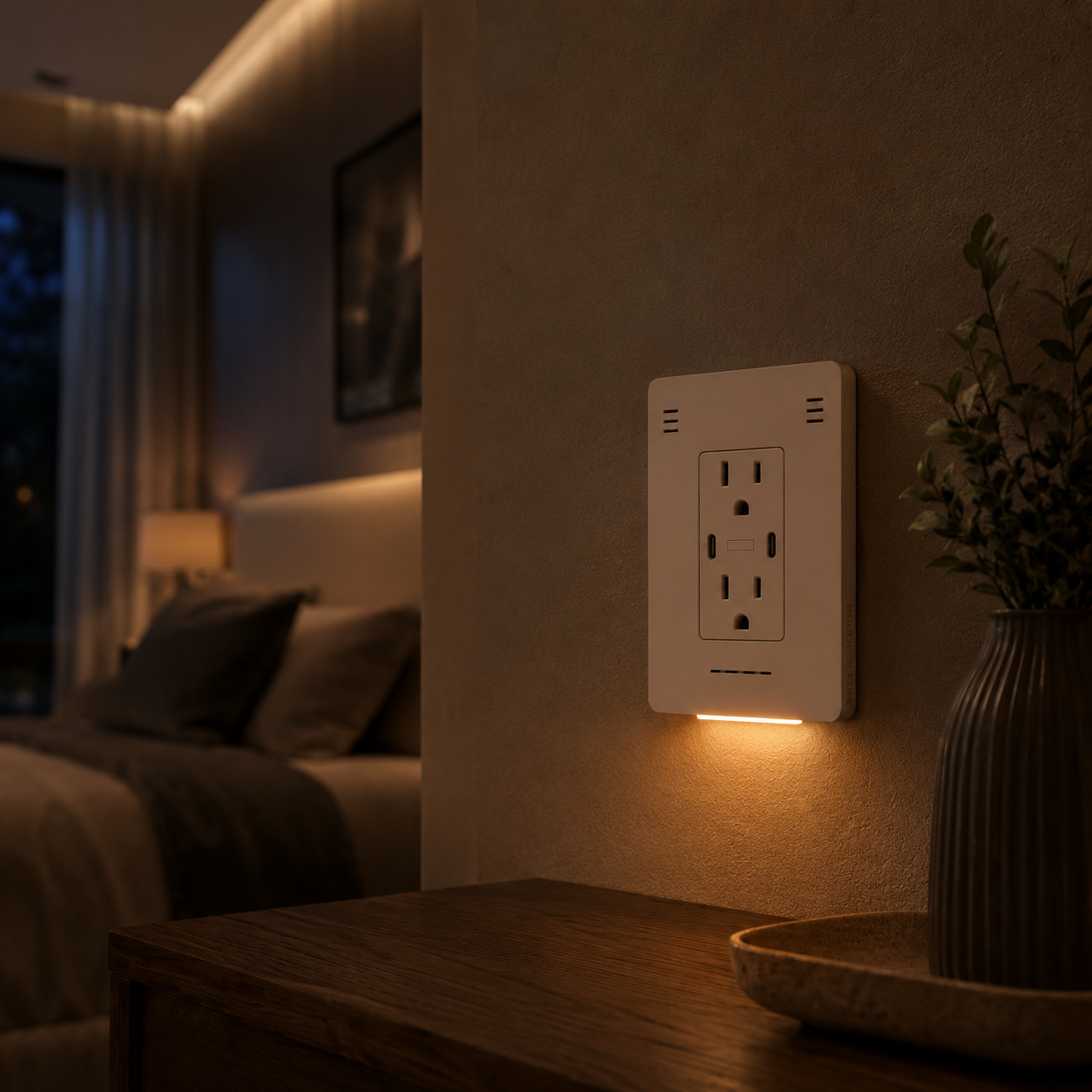 InvisOutlet C Pro providing warm night guidance beside a bed