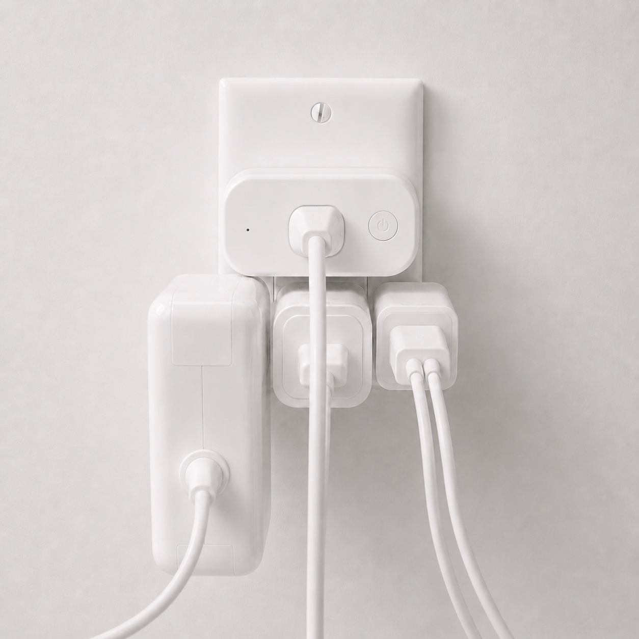 Messy outlet with many adapters, smart plugs, cords, and visible charging blocks